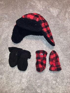 Carter's Red and Black Buffalo Plaid Trapper Hat with Matching Mittens